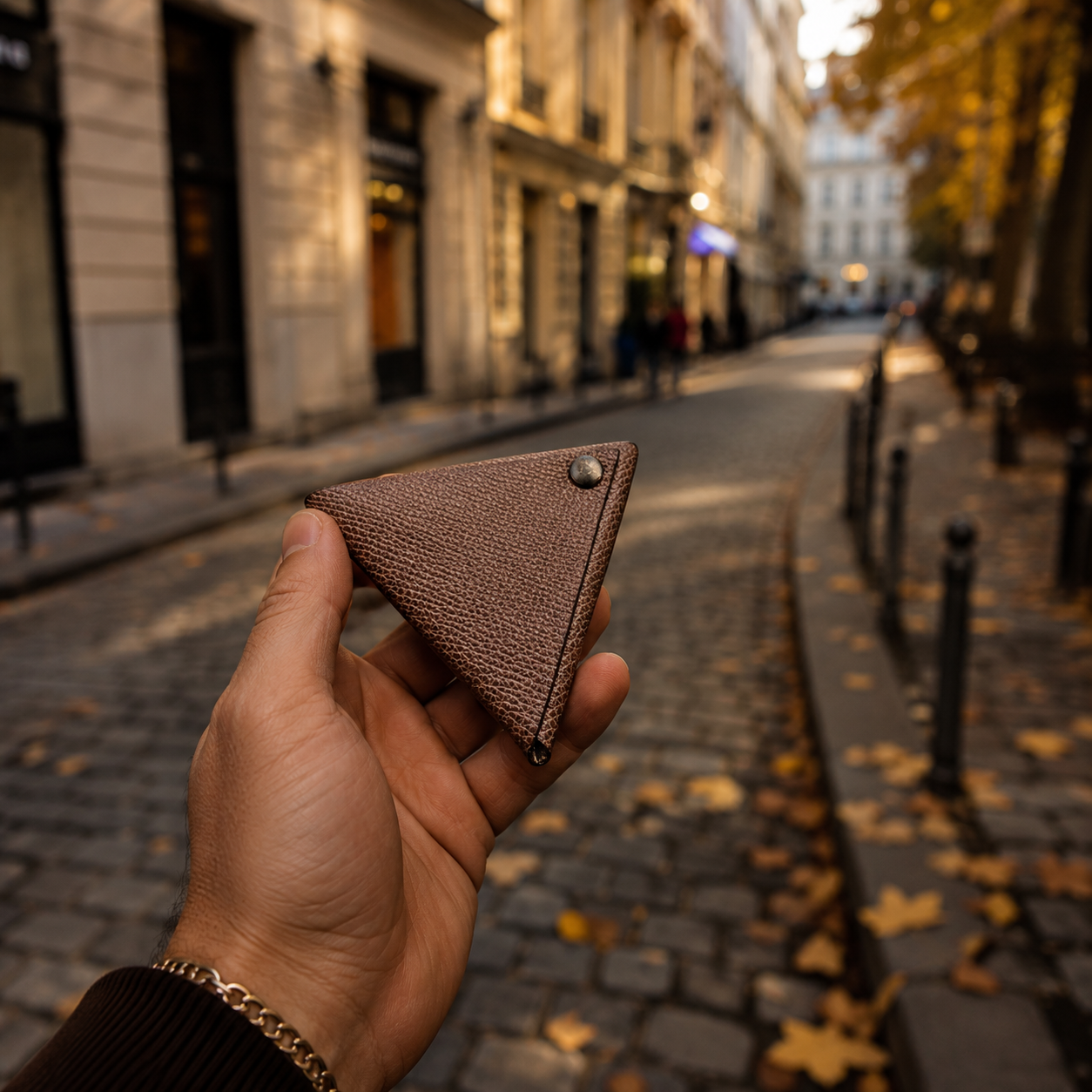 Handmade brown leather coin pouch showcased by hand on a charming European city street.