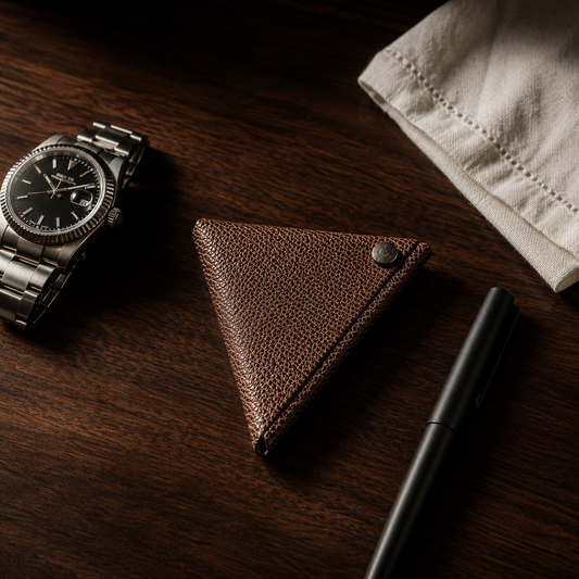 Handmade brown genuine leather coin pouch displayed on a wooden desk with a watch and everyday essentials.