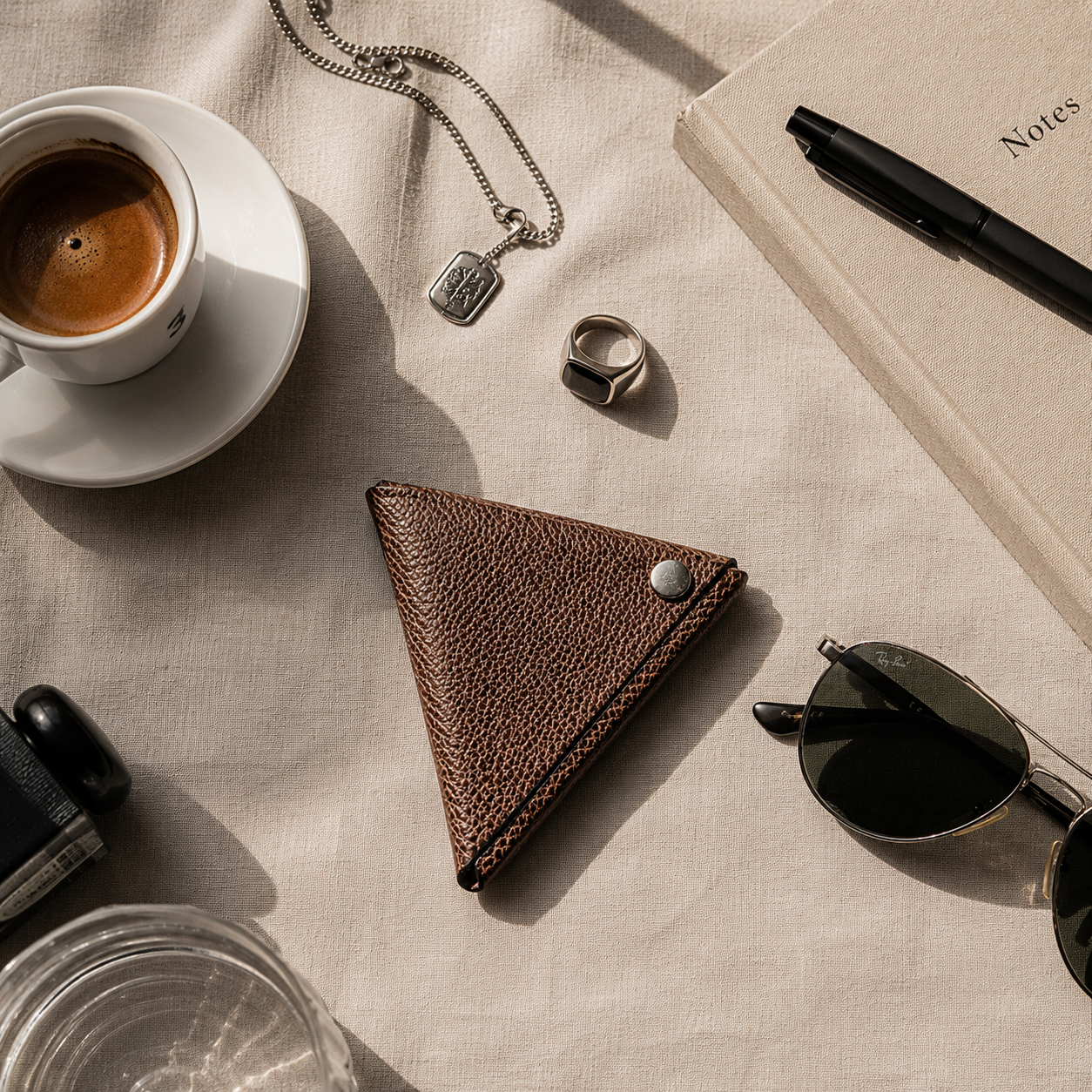 Handmade brown leather coin pouch styled with Leatharmony accessories, sunglasses and jewellery on natural linen fabric.