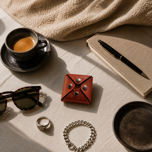 Handmade brown leather coin pouch styled with coffee, sunglasses and accessories on a neutral fabric surface