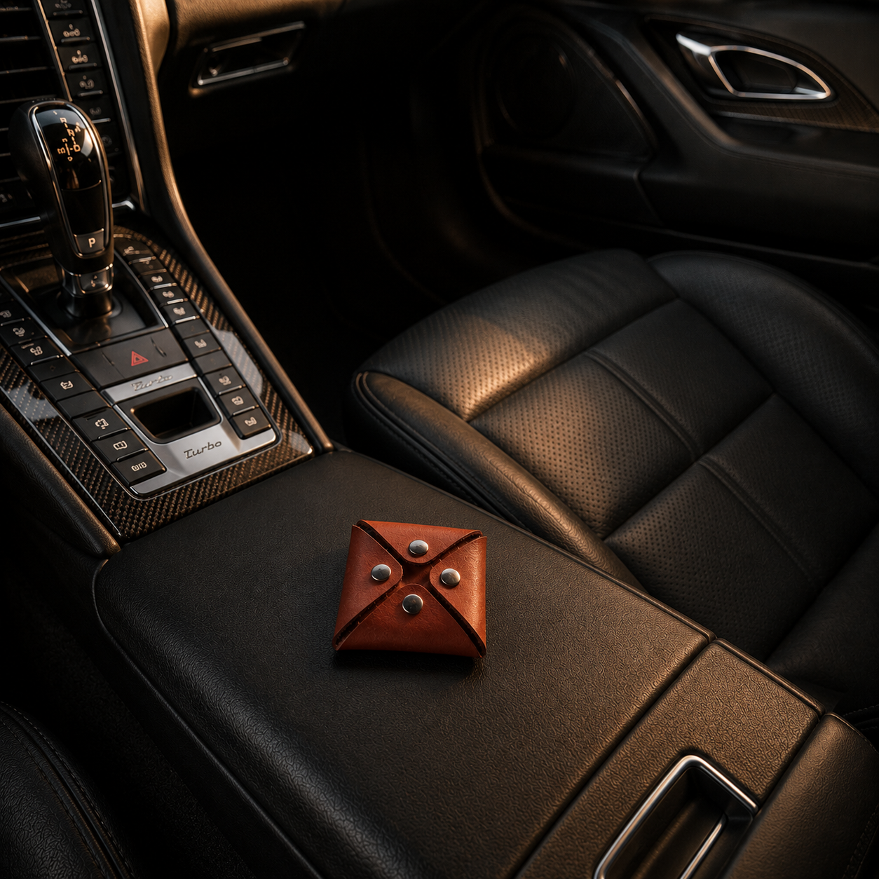 Brown genuine leather coin pouch placed on the centre console of a luxury car interior.