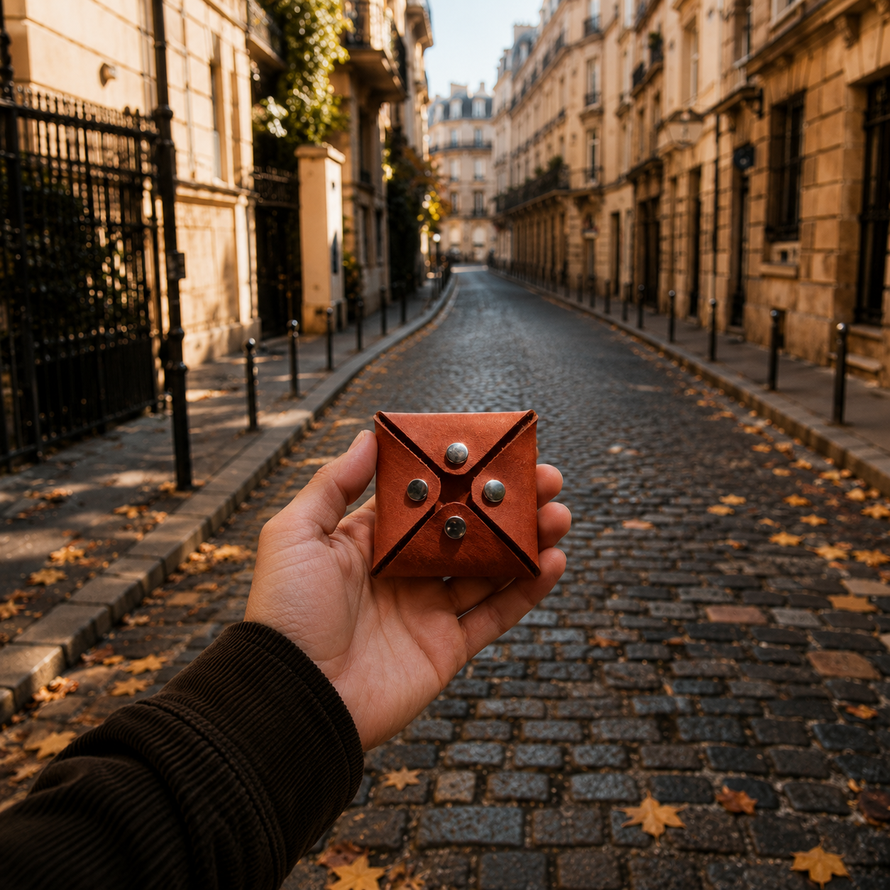 Brown handmade leather coin pouch held on a cobblestone street in an urban lifestyle setting