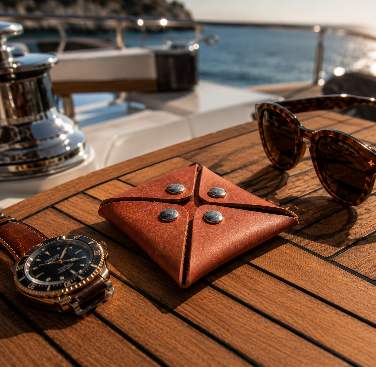 Brown leather coin pouch styled with sunglasses and a watch on a luxury yacht table