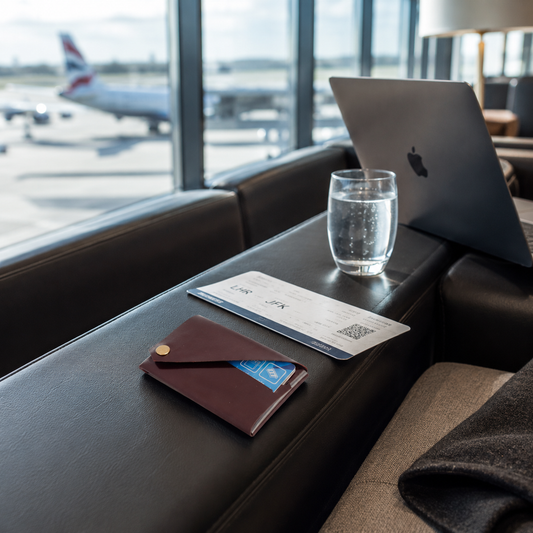 Burgundy patent leather card holder displayed in a luxury airport lounge with travel essentials.