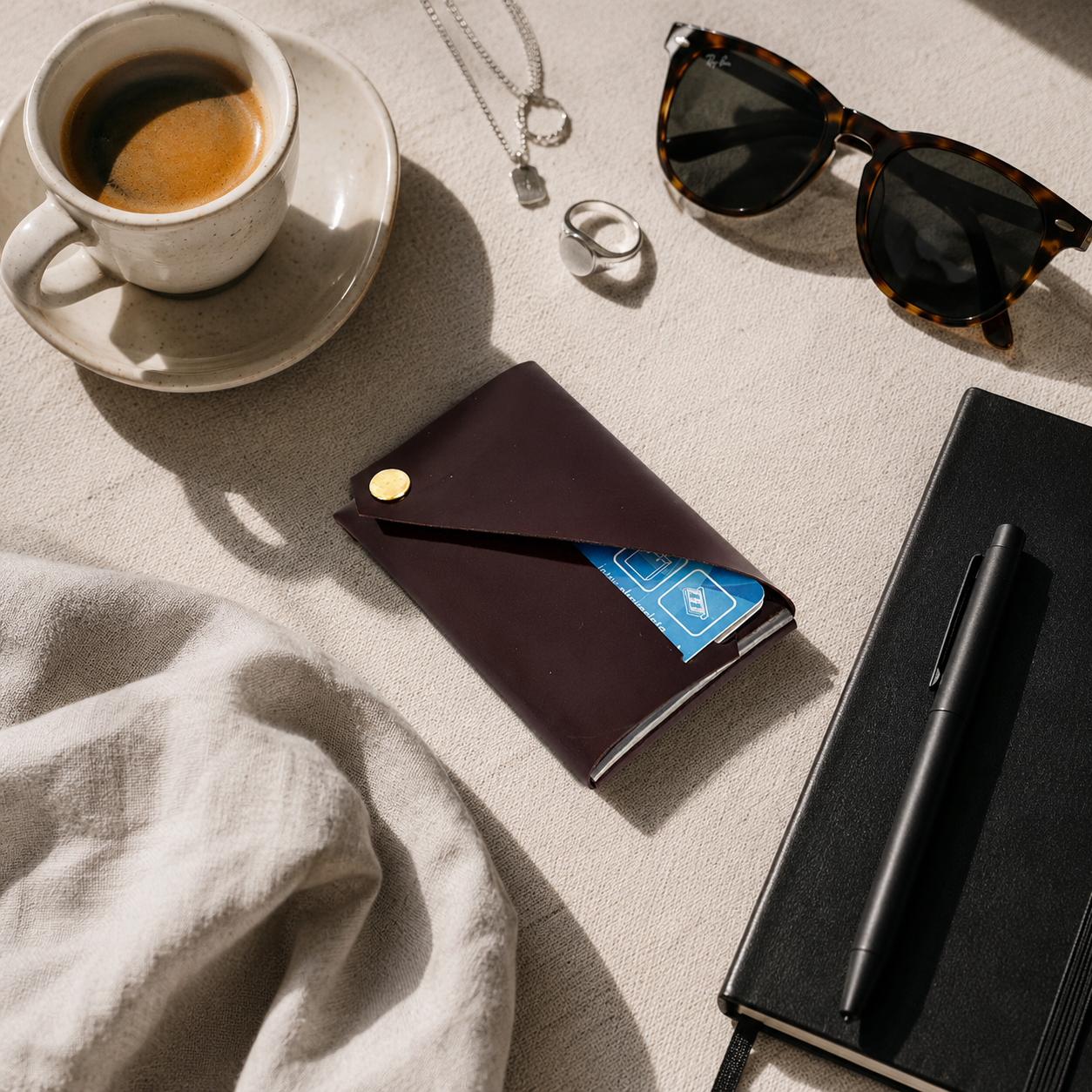 Burgundy patent leather card holder styled with coffee, sunglasses and a notebook in a lifestyle flat lay.