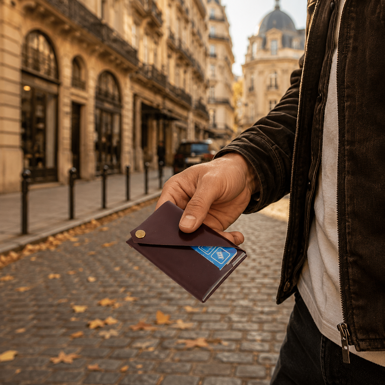 Man holding a burgundy patent leather card holder while walking through a city street.