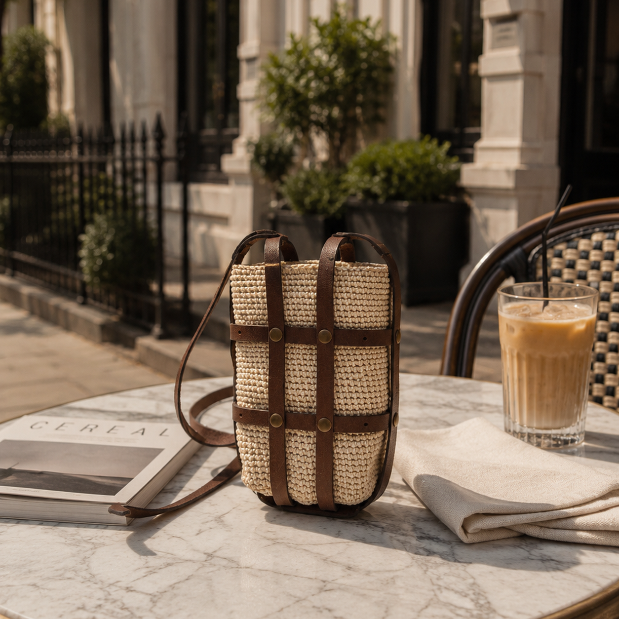 Cream crochet and brown leather crossbody bag displayed on a marble café table in a luxury London street setting.