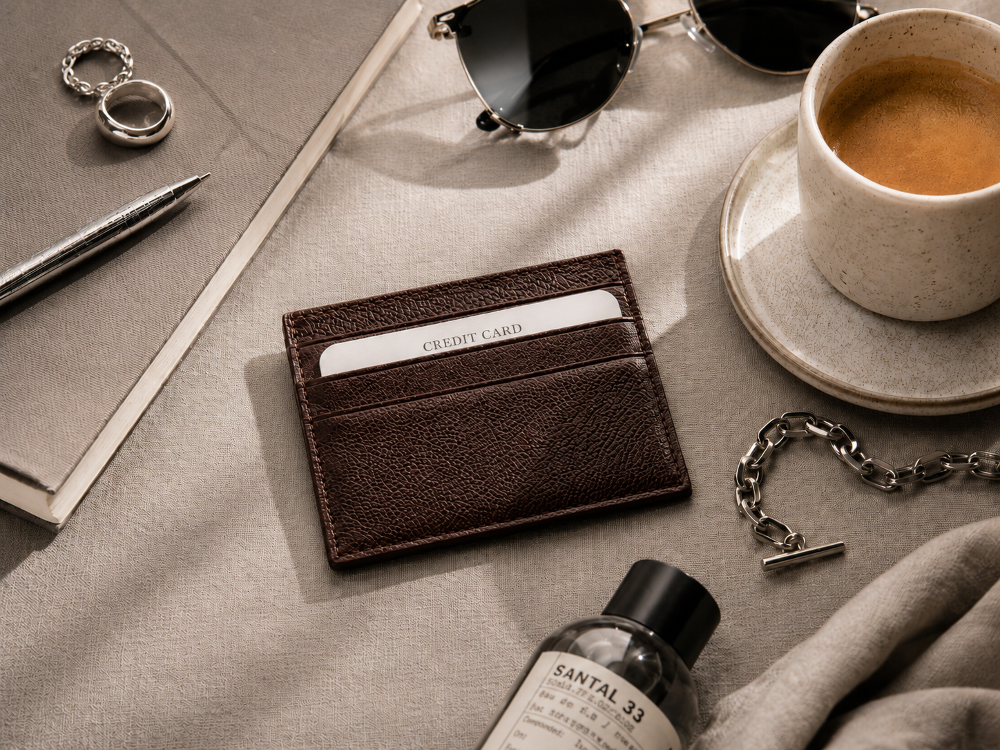 Handmade dark brown genuine leather card holder styled with coffee, sunglasses and accessories on a neutral fabric surface