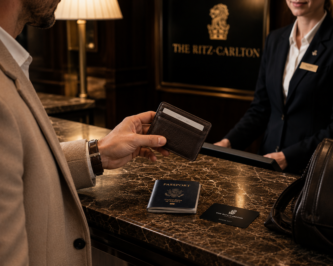 Dark brown leather card holder held at a luxury hotel reception desk with travel essentials