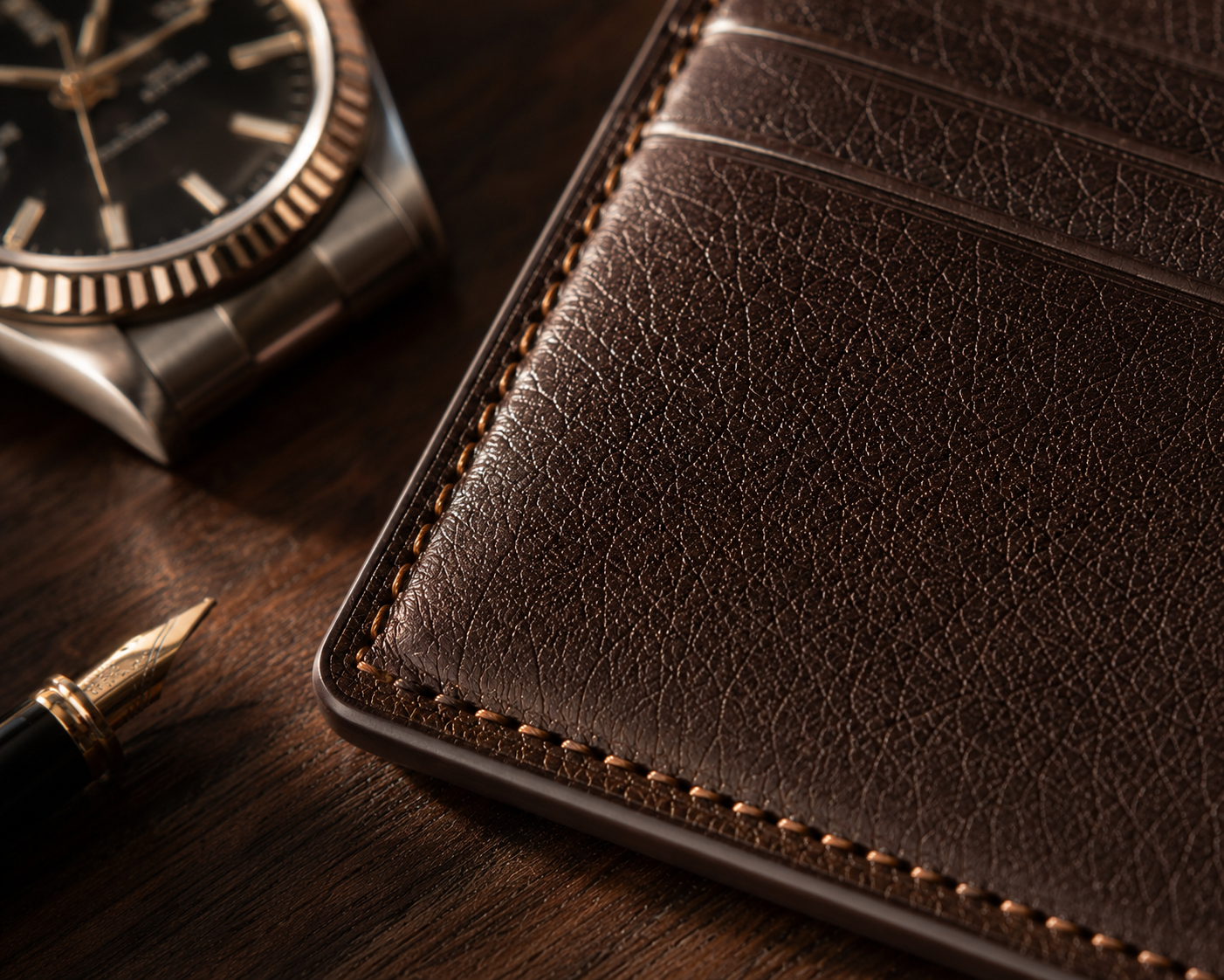 Close-up of dark brown genuine leather card holder showing the natural leather grain and detailed stitching