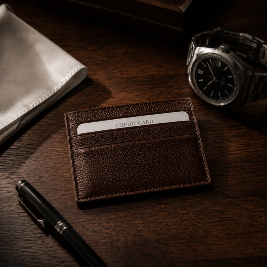 Handmade dark brown genuine leather card holder styled on a wooden desk with a watch and pen