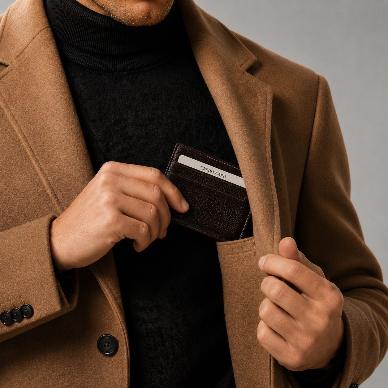 Handmade dark brown leather card holder carried in the chest pocket of a men's brown coat