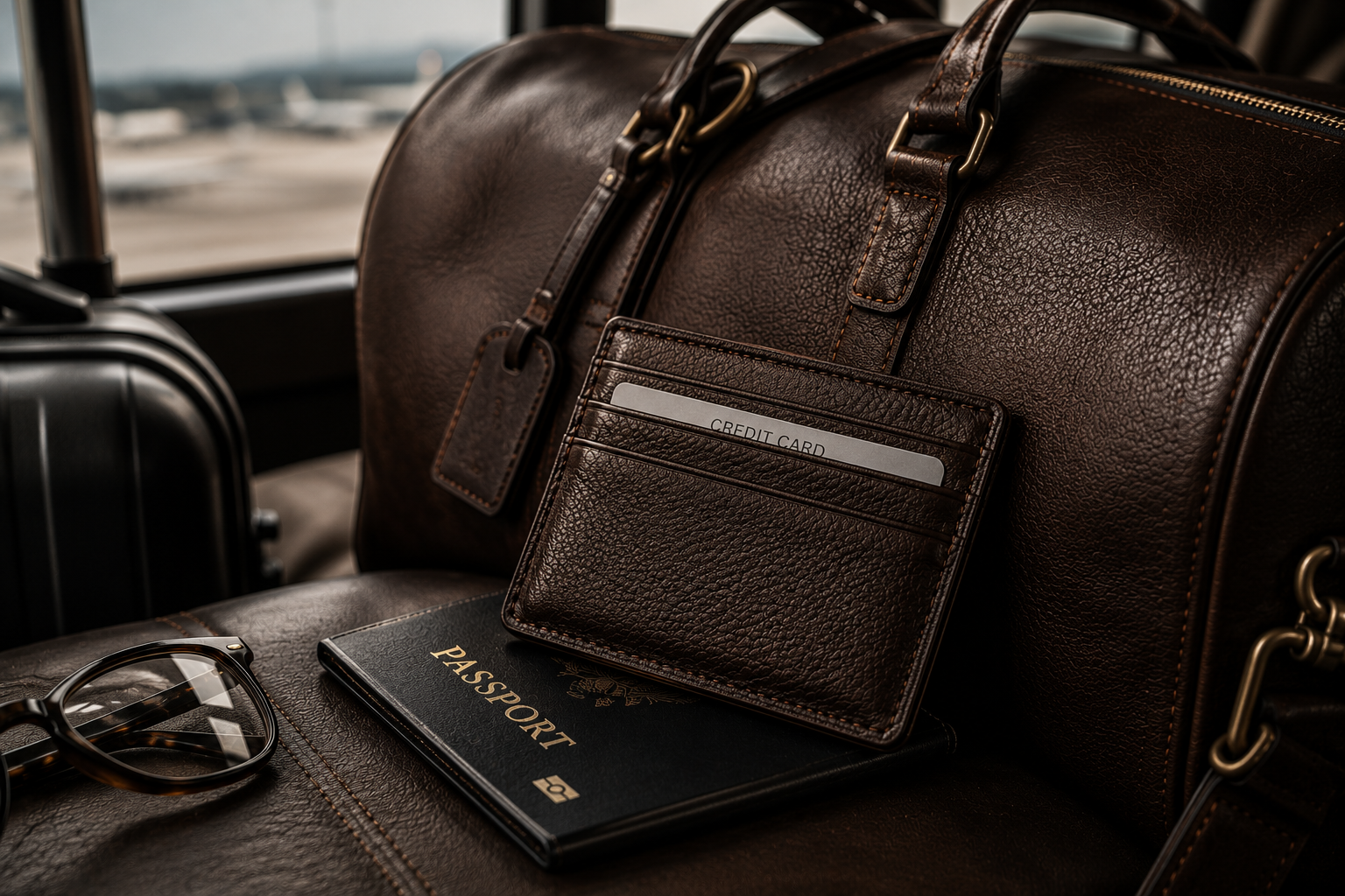 Handmade dark brown leather card holder styled with a leather travel bag and passport