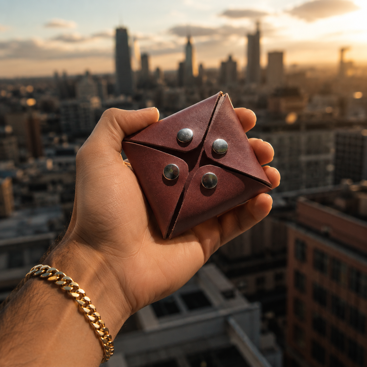 Dark brown handmade leather coin pouch held against a city skyline at sunset