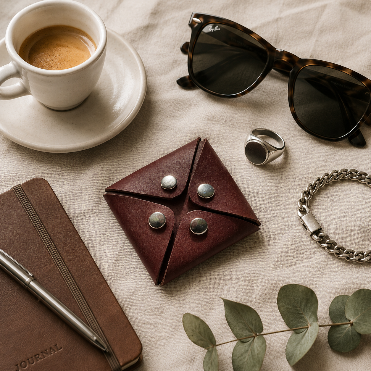 Dark brown leather coin pouch styled with coffee, sunglasses and accessories on a neutral fabric surface