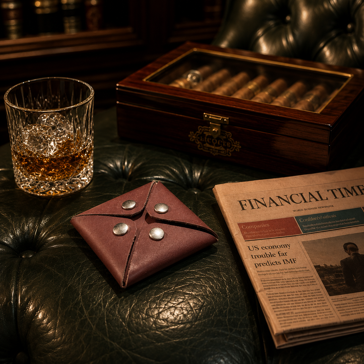 Handmade dark brown leather coin pouch styled in a luxury lounge with a newspaper, glass and cigar box