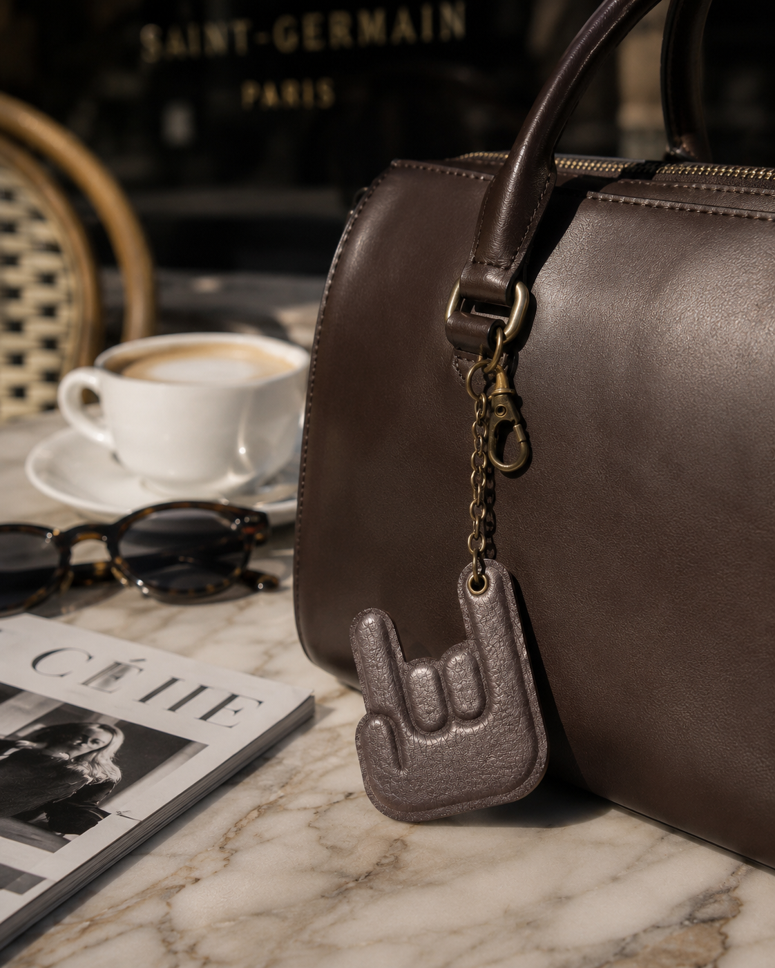 Handmade dark brown leather hand keychain attached to a premium leather bag in a luxury café setting with coffee and sunglasses.