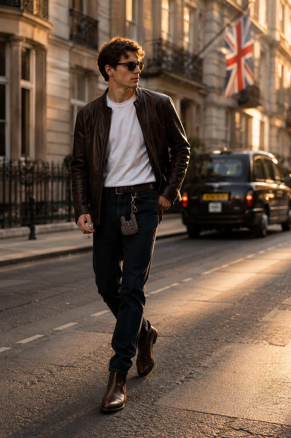Handmade dark brown leather hand keychain attached to denim jeans in a stylish city street setting, showcasing premium everyday carry accessories.