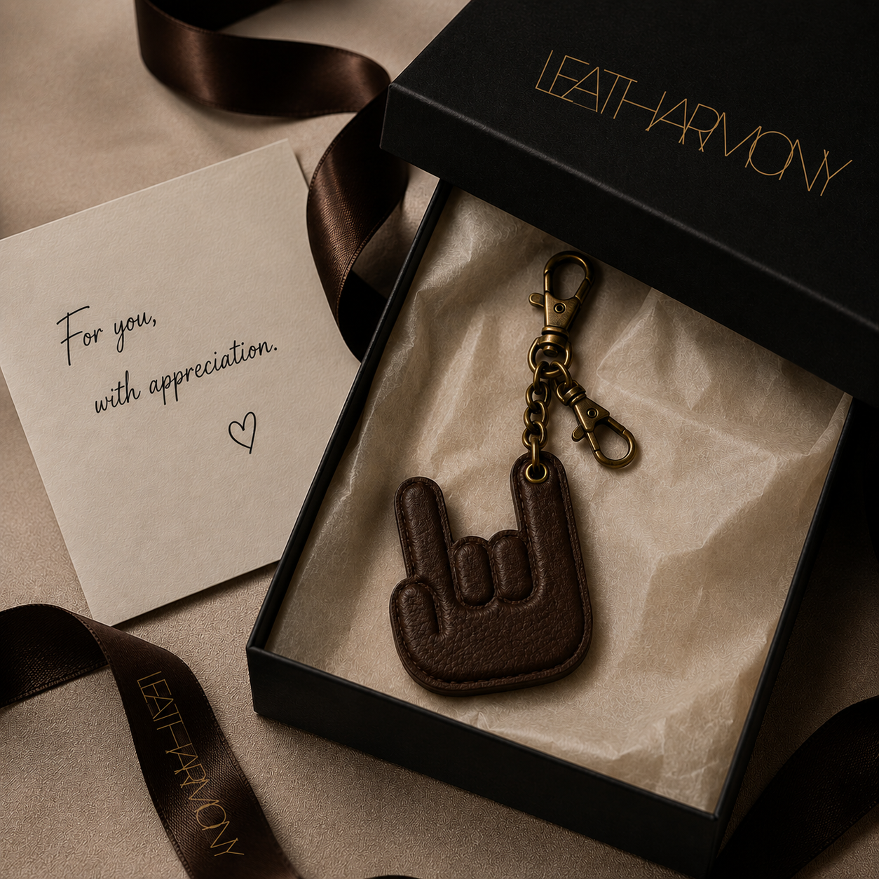Handmade dark brown leather hand keychain presented in a premium LEATHARMONY gift box with tissue paper, ribbon and thank you card, showcasing luxury gift packaging.