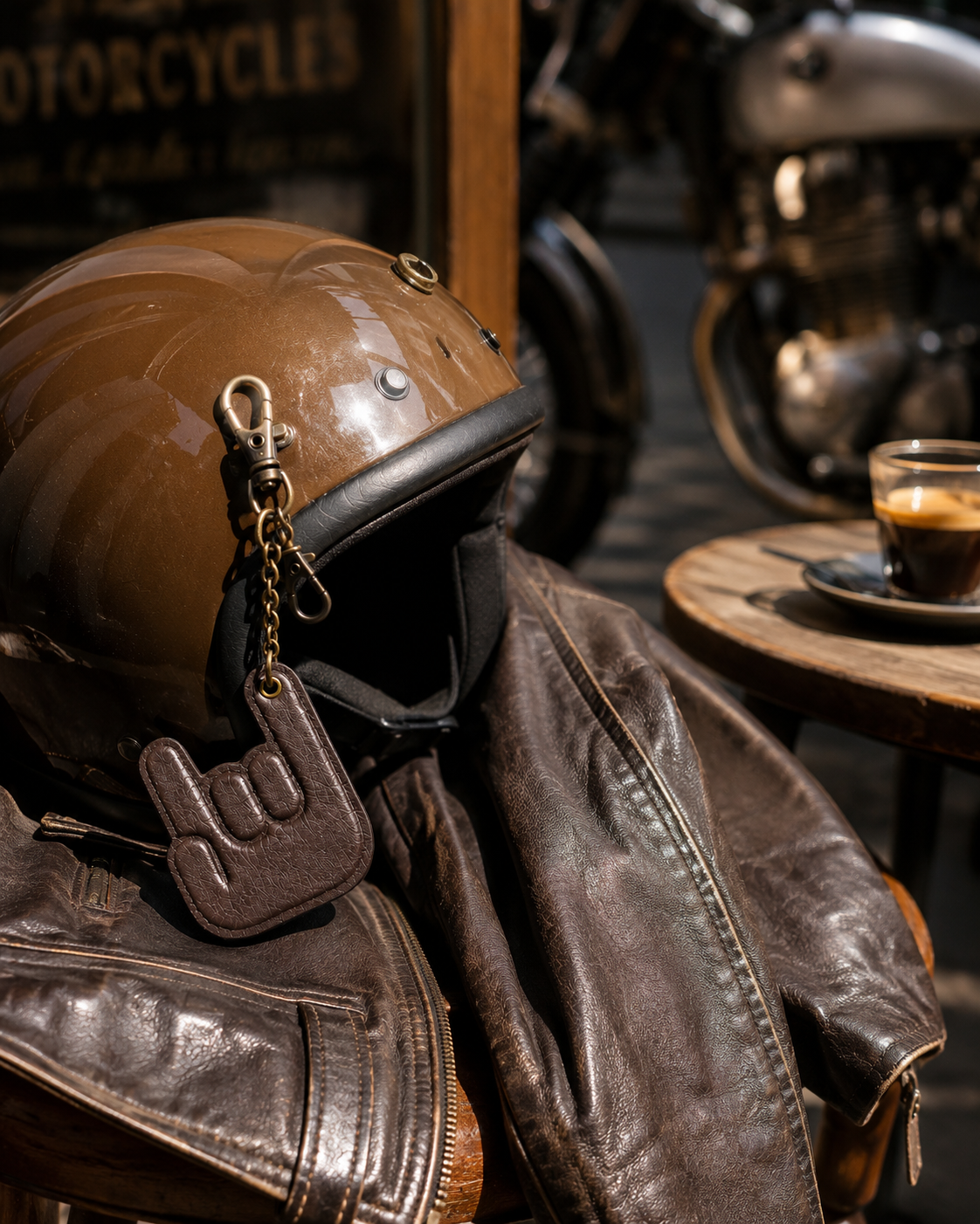 Handmade dark brown leather hand keychain attached to a vintage motorcycle helmet with a leather jacket in a premium motorcycle lifestyle setting.