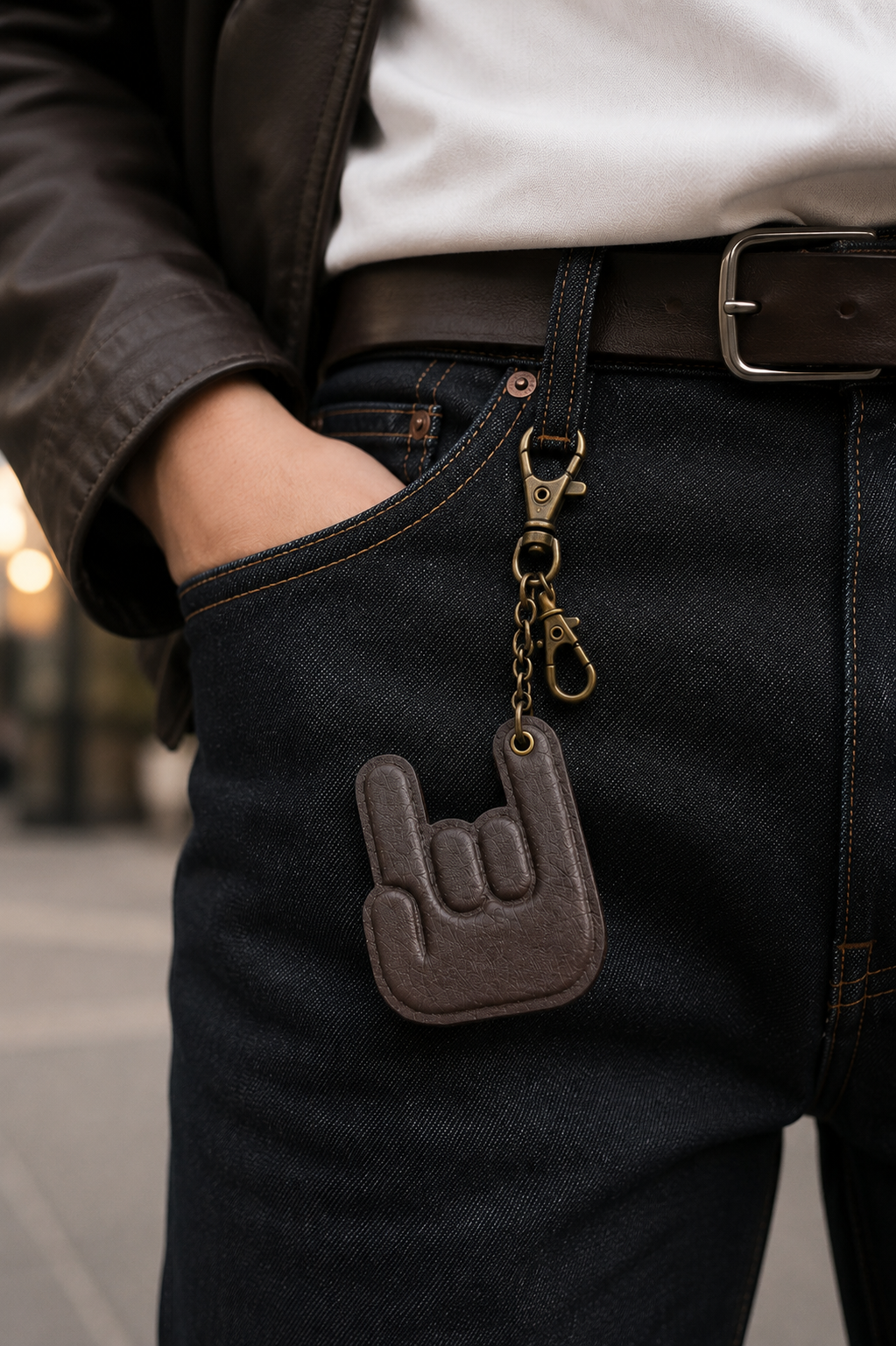 Premium handmade dark brown leather hand keychain by LEATHARMONY attached to a denim jeans pocket in a modern everyday lifestyle setting.