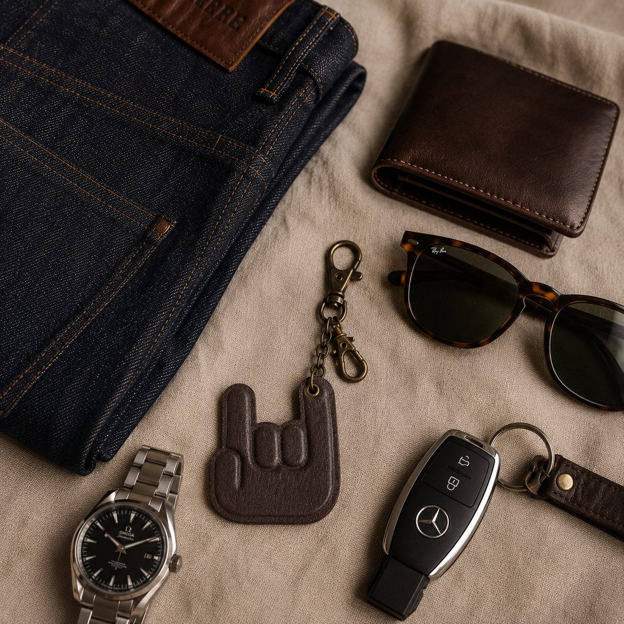 Handmade dark brown leather hand keychain displayed in a premium flat lay with a leather wallet, sunglasses, watch, denim jeans and car key on a beige fabric background.