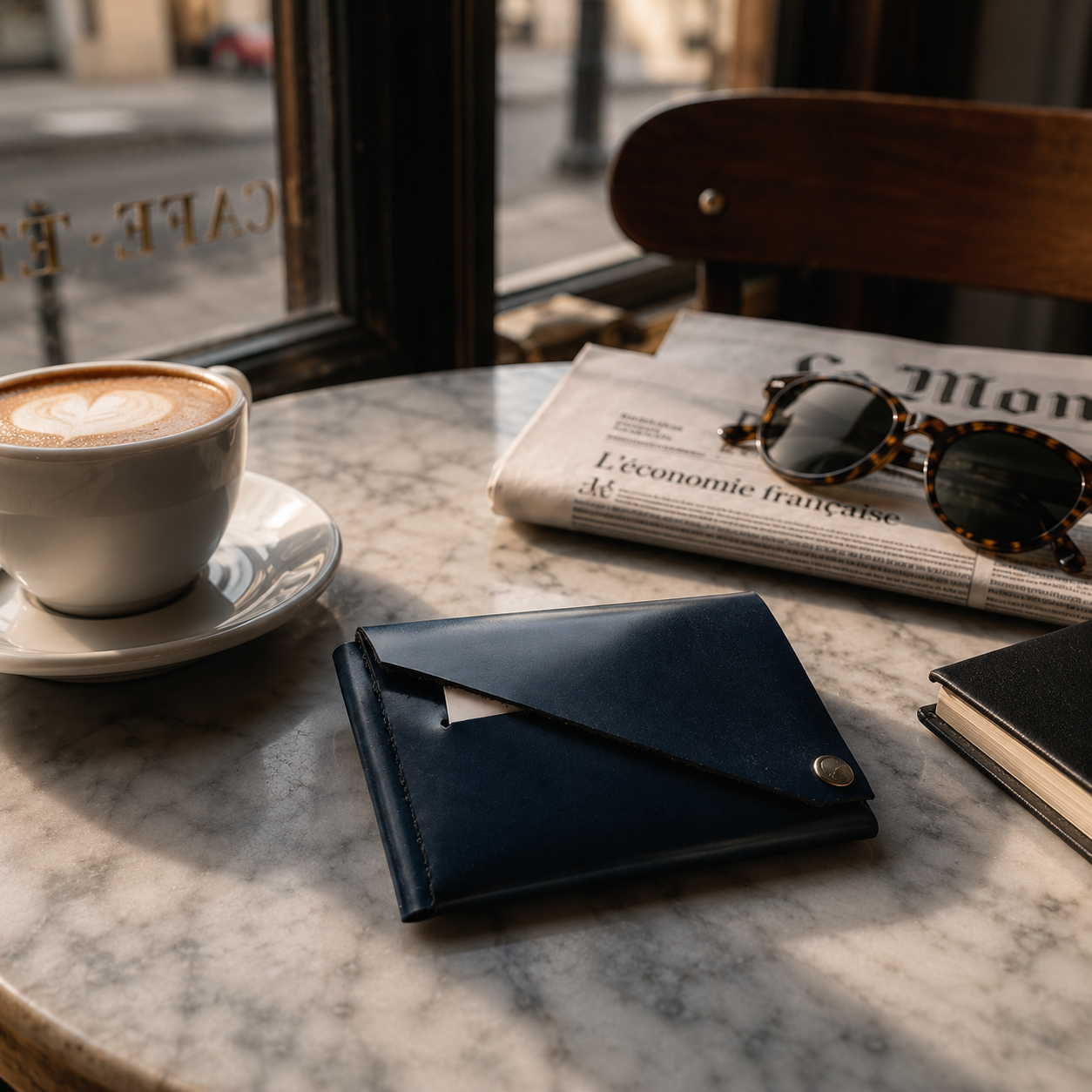 Navy patent leather wallet on a marble café table beside coffee, sunglasses and a newspaper