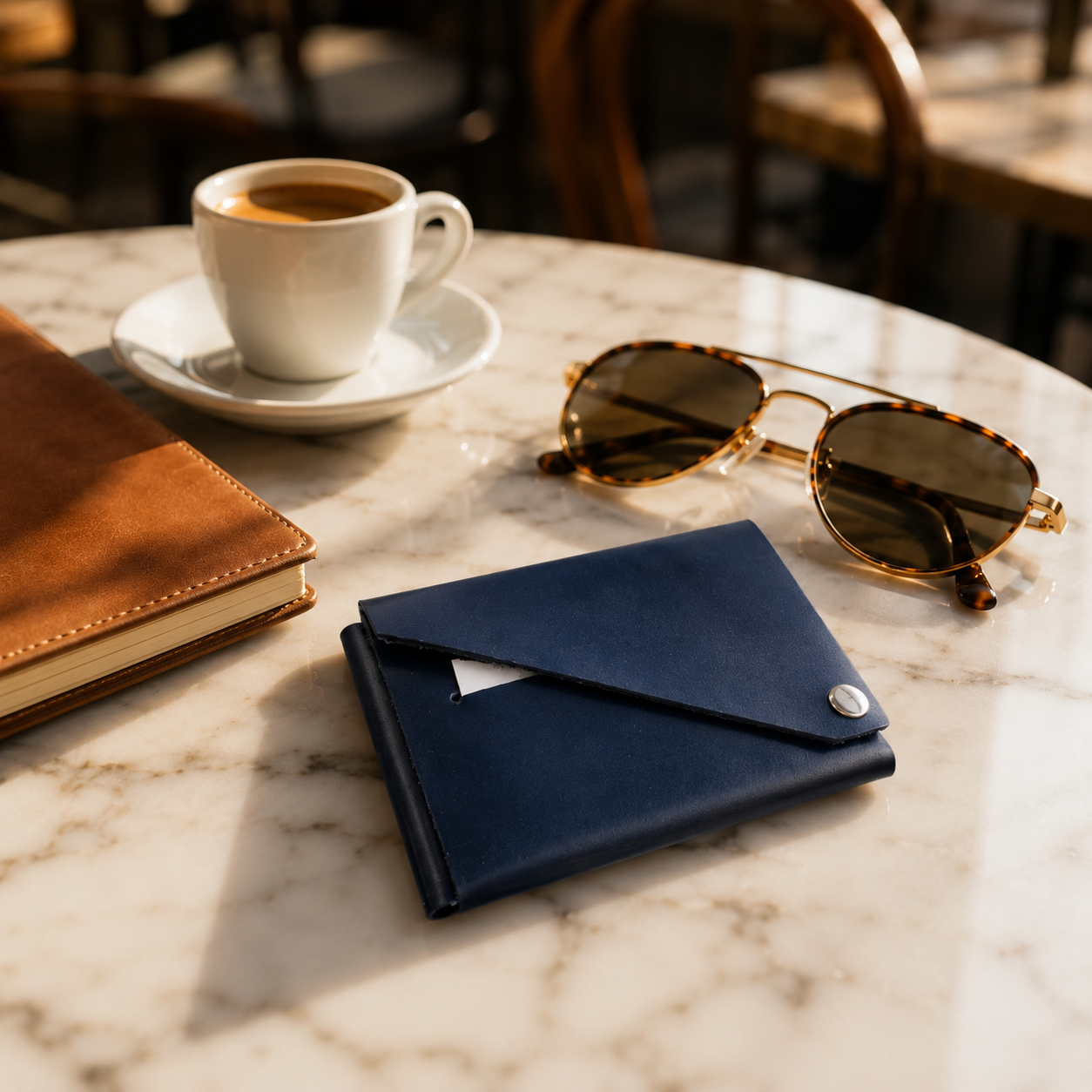 Navy leather wallet, sunglasses, and a white cup of coffee on a marble table.