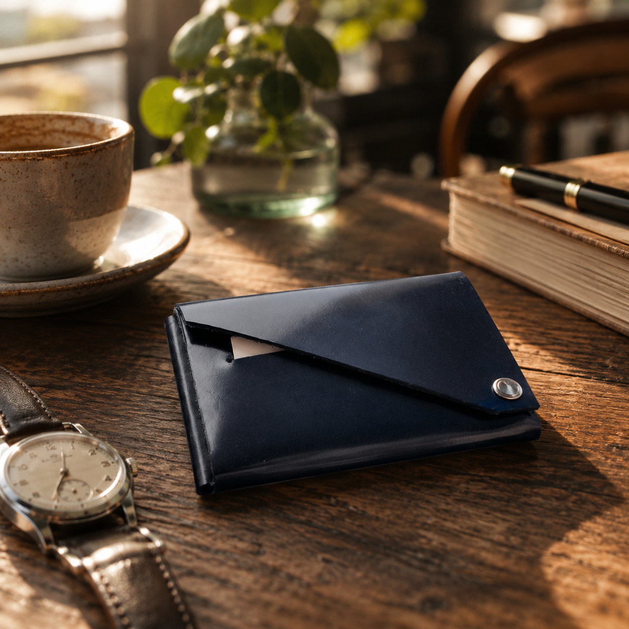 Navy patent leather wallet styled on a wooden desk with a coffee cup, watch and notebook