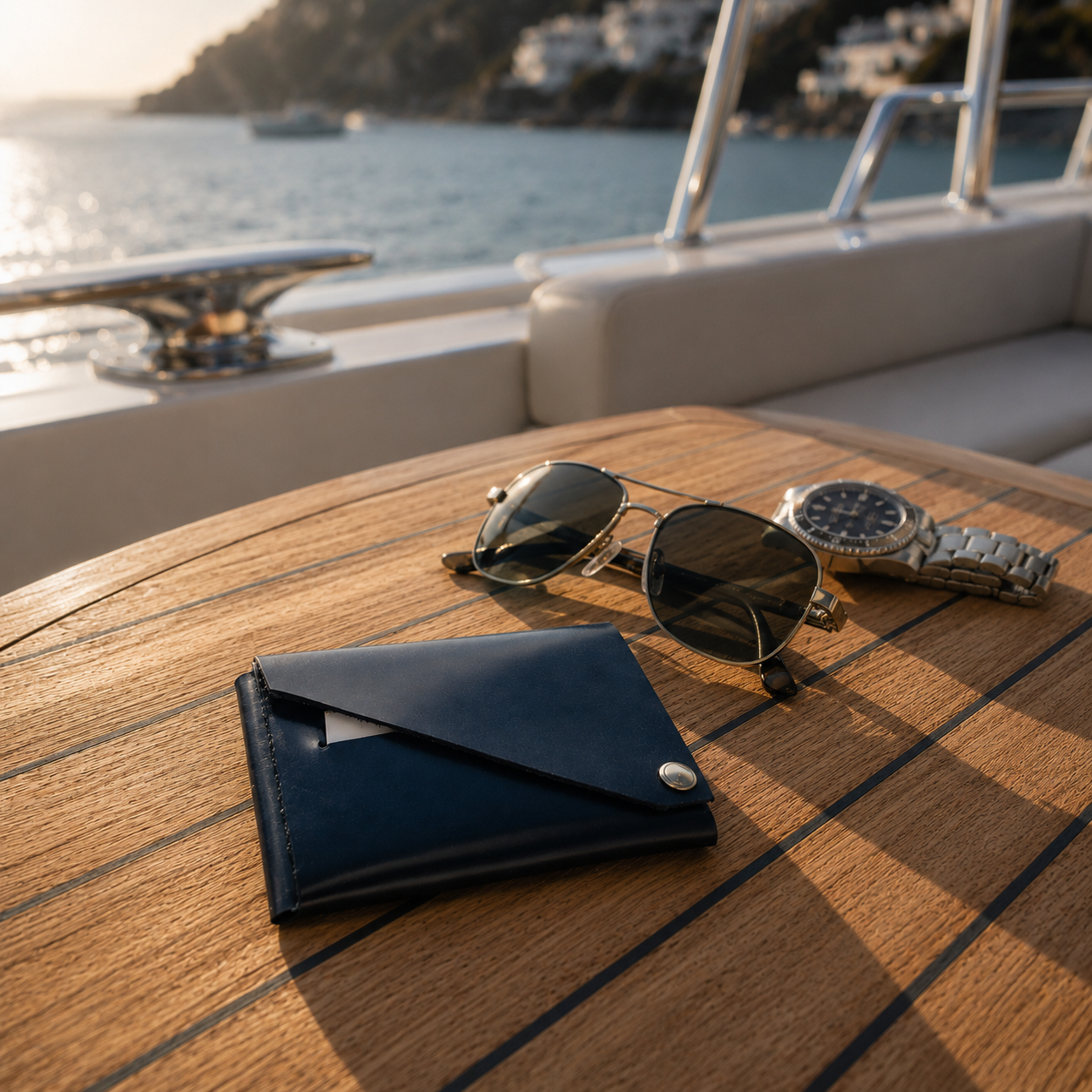 Navy patent leather wallet displayed on a luxury yacht deck beside sunglasses and a wristwatch