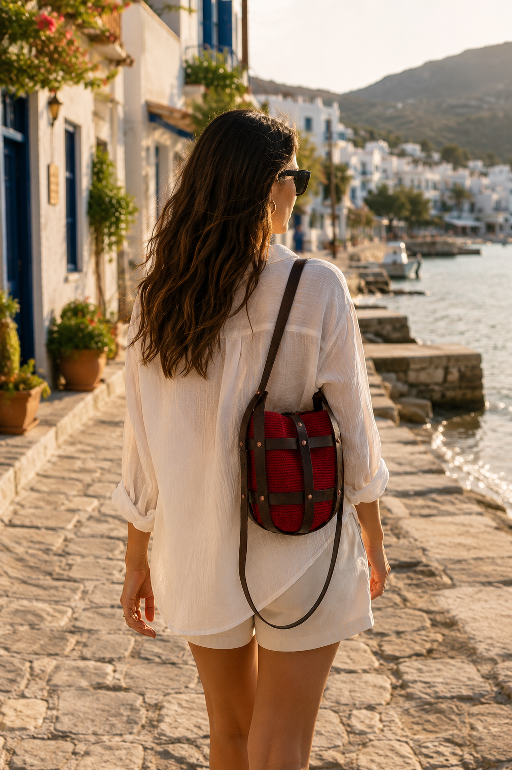 Woman wearing a handmade red crochet leather shoulder bag while walking through a sunlit seaside town.