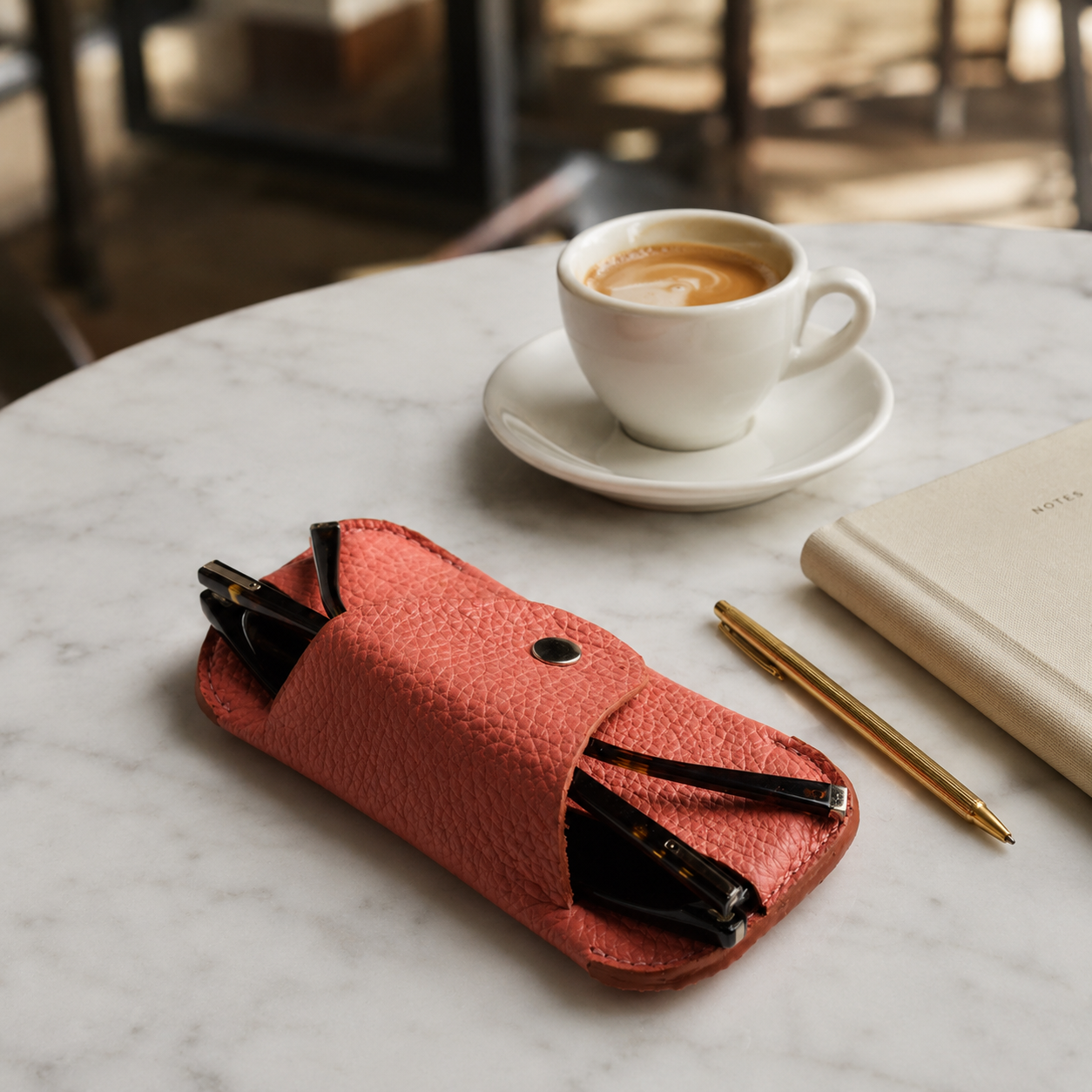 Handmade salmon pink genuine leather glasses case with sunglasses placed on a marble coffee table beside a cup of coffee.