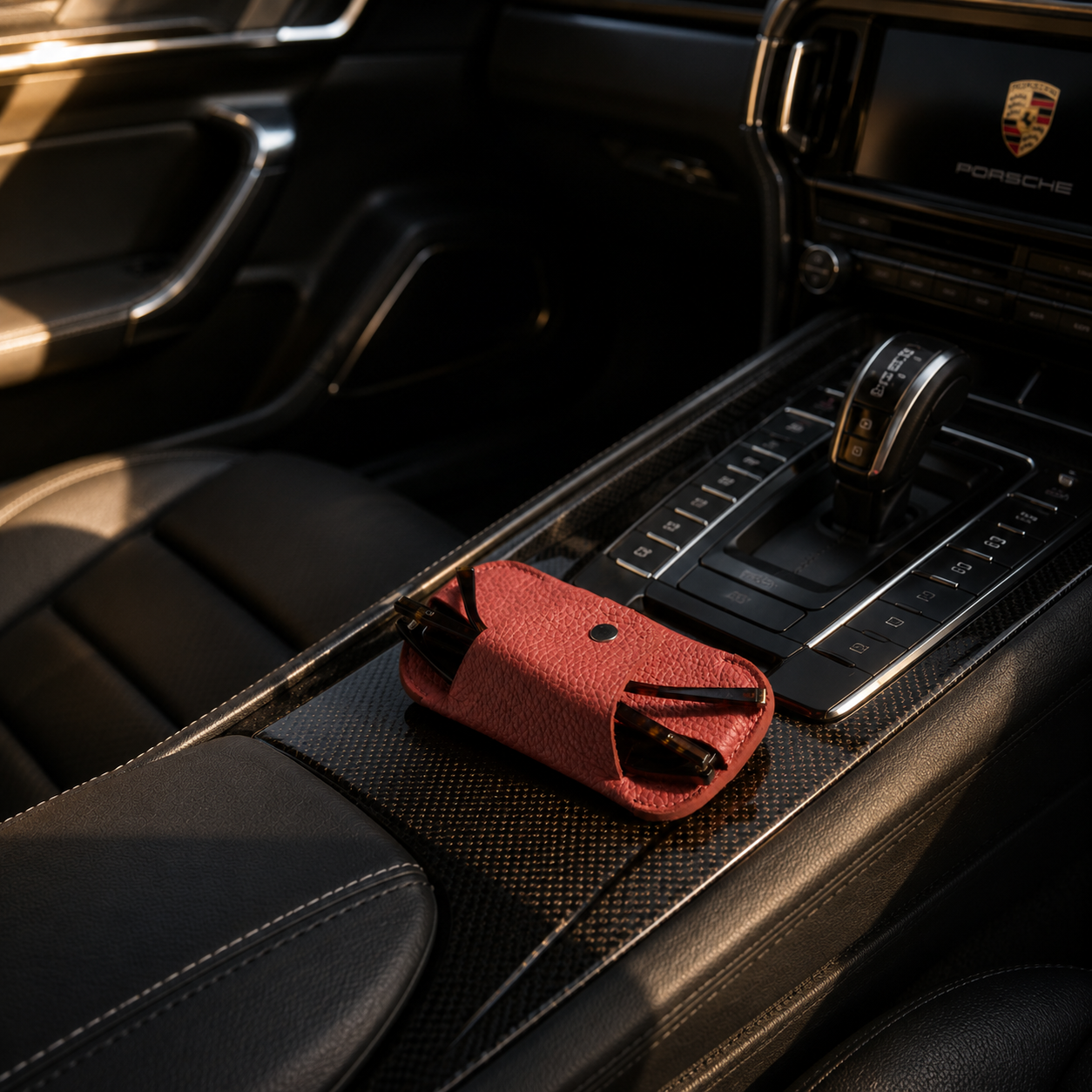 Handmade salmon pink leather sunglasses case placed on the centre console of a luxury sports car interior.