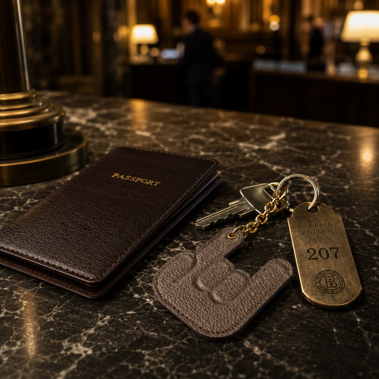 Handmade taupe leather keychain displayed with a passport, hotel room key and travel essentials on a marble counter.