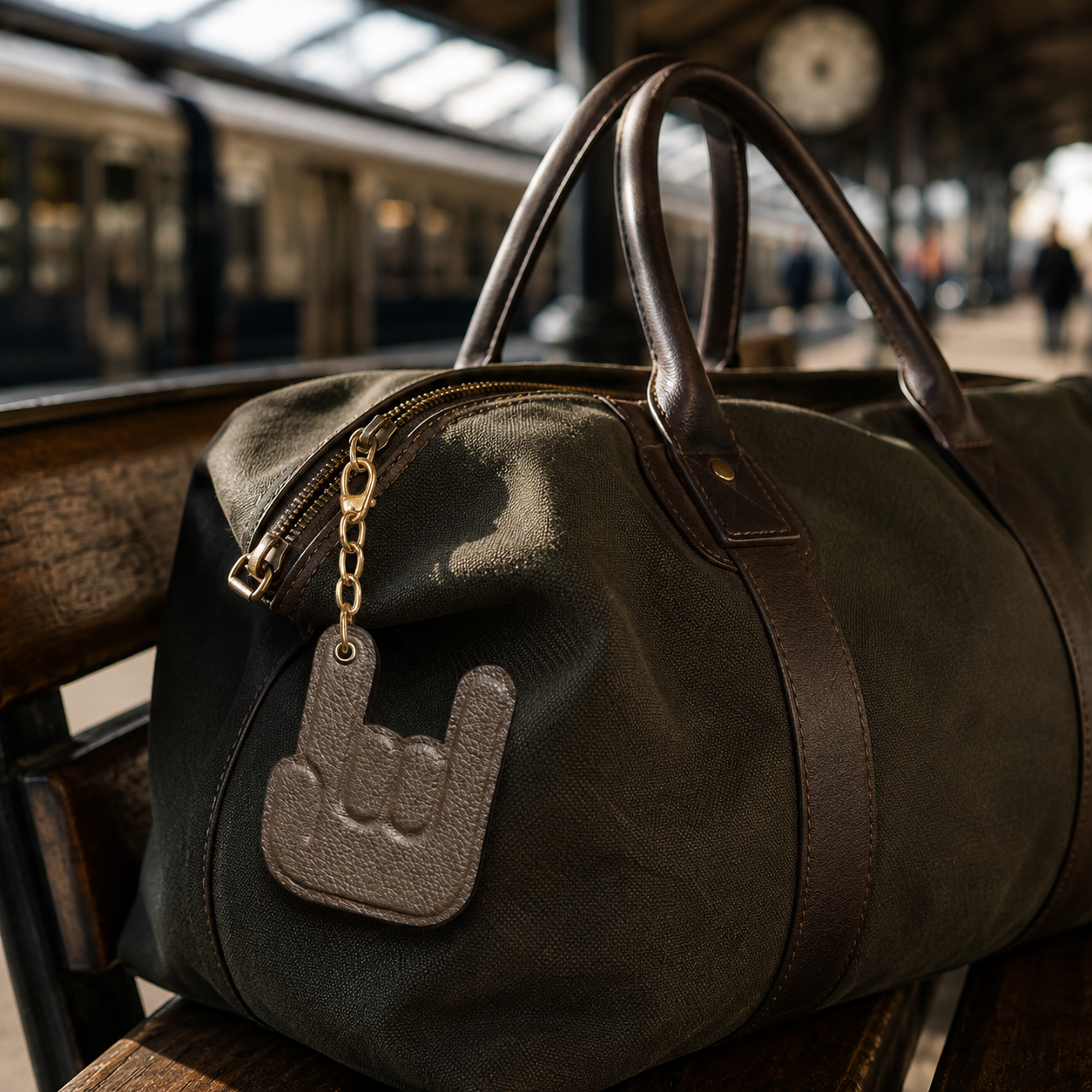 Handmade taupe genuine leather keychain attached to a luxury travel duffel bag at a train station.