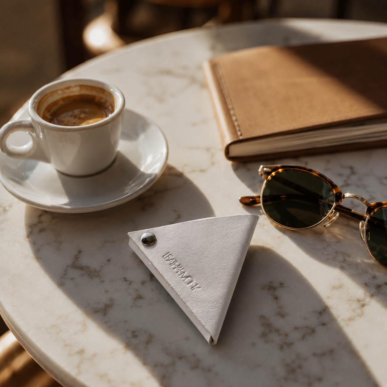 Handmade white leather coin pouch styled on a marble café table with coffee and sunglasses.