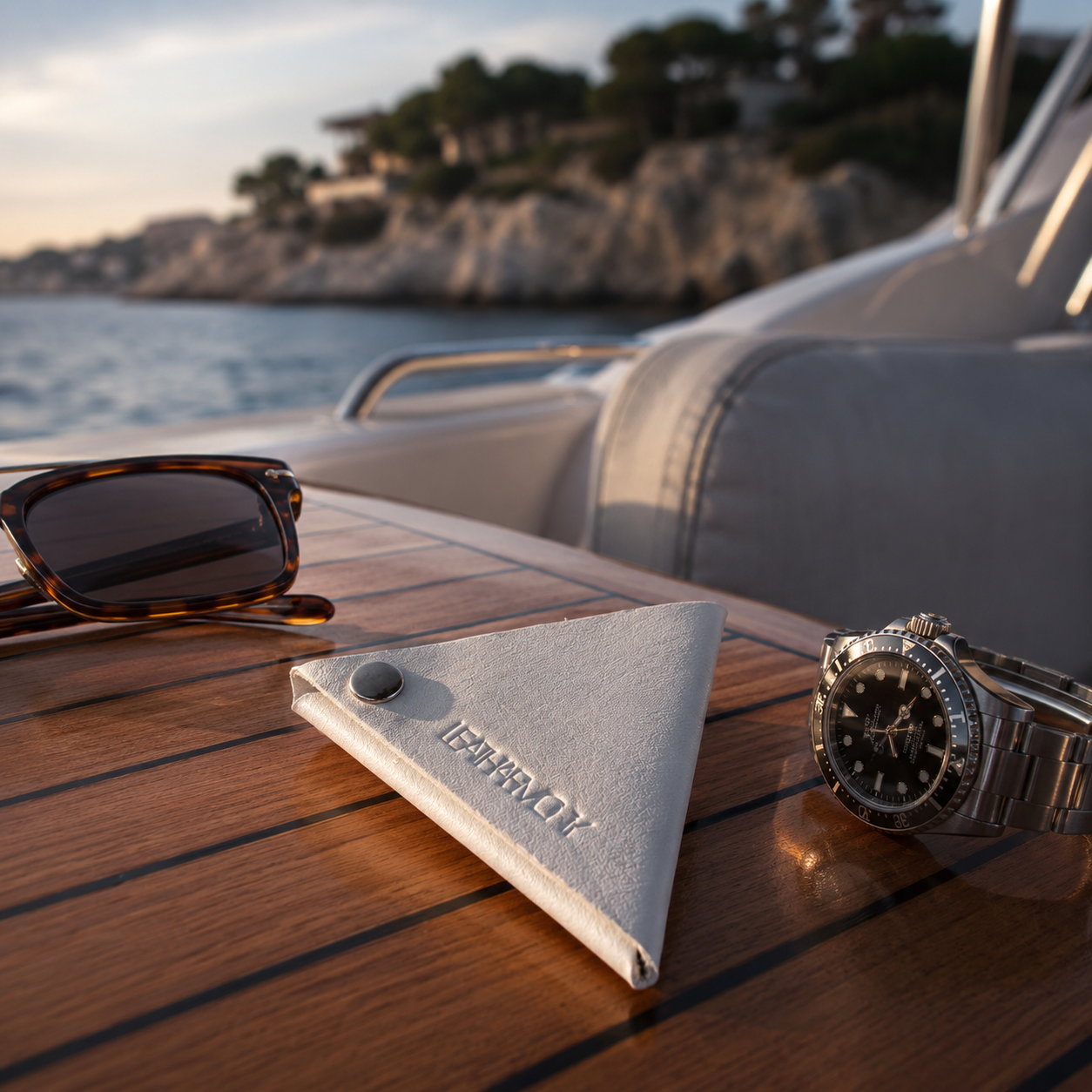 White genuine leather coin pouch styled on a luxury yacht with sunglasses and a premium watch.